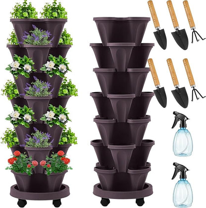 Umigy 2 Set Espresso Brown 7 Tier Vertical Planter Stackable Tower Planters Strawberry Herb Flower and Vegetable Pots Indoor Outdoor Gardening Pots with Removable Wheels and Tools