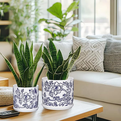 Set of 2 Blue and White Ceramic Plant Pots with Drainage Hole and Saucers, Retro Blue Porcelain Flowers Round Planters for Succulent Cactus Indoor Outdoor Garden Home Desktop Decor, 4.5+5.5 Inch