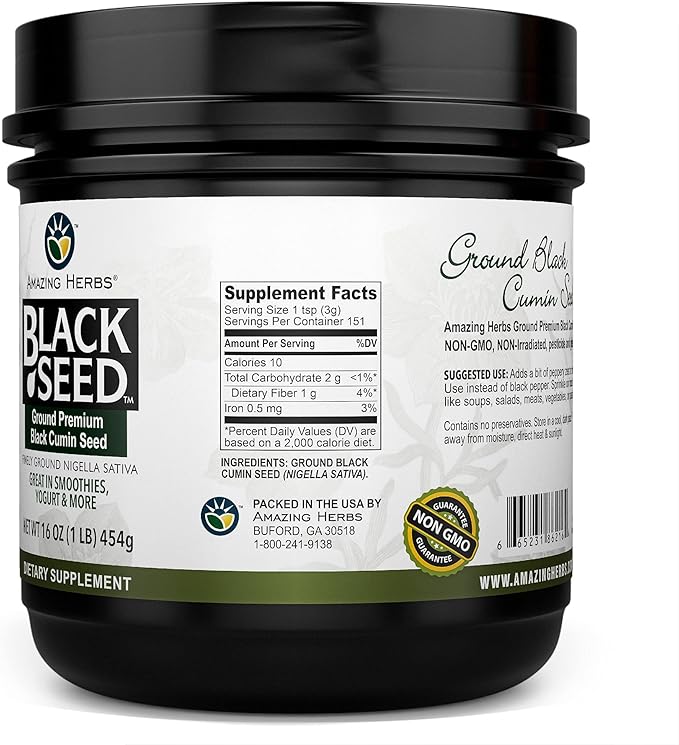 Amazing Herbs Premium Ground Black Cumin Seeds - Finely Ground Nigella Sativa, Gluten Free, Non GMO, Supports Cardiovascular Function & Preserves Digestive Health - 16 Oz