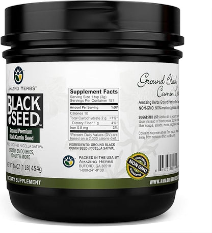Amazing Herbs Premium Ground Black Cumin Seeds - Finely Ground Nigella Sativa, Gluten Free, Non GMO, Supports Cardiovascular Function & Preserves Digestive Health - 16 Oz