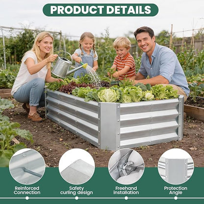 G GOOD GAIN 4x2x1ft Raised Garden Bed – Galvanized Metal Planter Box for Vegetables, Flowers, Herbs, Fruits – Outdoor Garden Beds with Open Bottom, Sliver