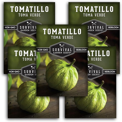 Toma Verde Tomatillo Seeds for Planting - Heirloom Mexican Green Husk Tomato, High Yield Non-GMO Variety for Salsa Verde and Authentic Mexican Cooking - Survival Garden Seeds (5 Packs)