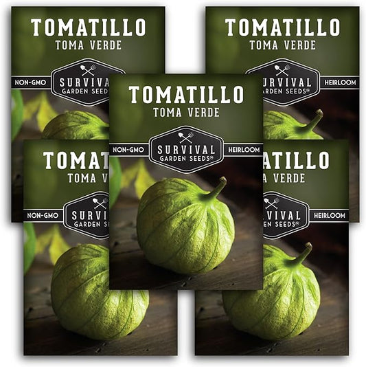 Toma Verde Tomatillo Seeds for Planting - Heirloom Mexican Green Husk Tomato, High Yield Non-GMO Variety for Salsa Verde and Authentic Mexican Cooking - Survival Garden Seeds (5 Packs)