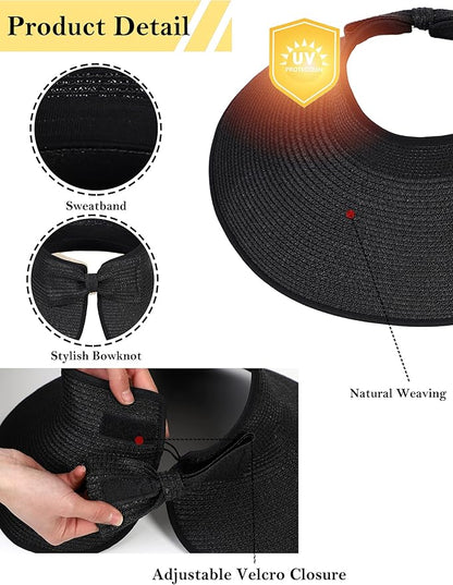 Womens Beach Straw Sun Hats Ponytail Hole Wide Brim Summer Visor Foldable Hat Sun Protection Packable for Travel Pool