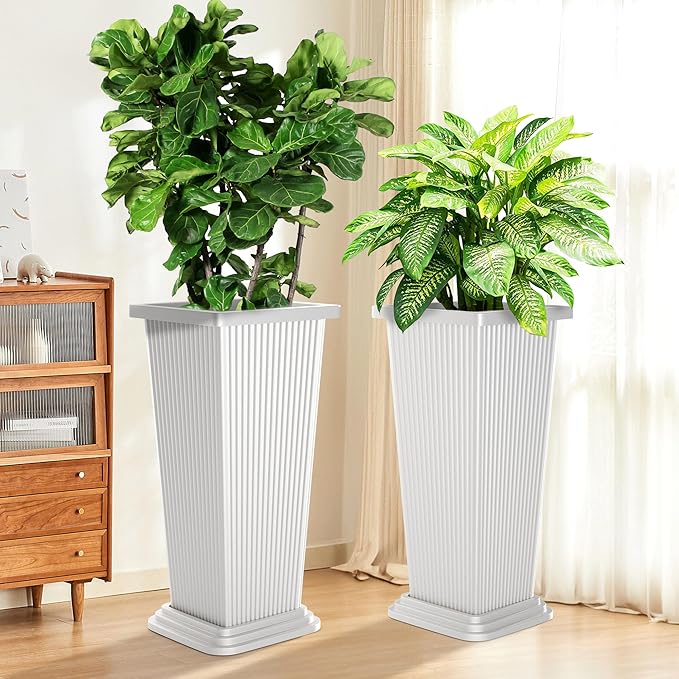 Set of 4 24" Tall Plastic Planters with Trays, Large Tapered Plant Pots for Indoor Outdoor Use, Modern Decorative Planters for Porch, Patio, Garden, and Backyard