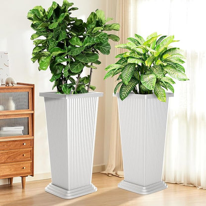 Set of 4 24" Tall Plastic Planters with Trays, Large Tapered Plant Pots for Indoor Outdoor Use, Modern Decorative Planters for Porch, Patio, Garden, and Backyard
