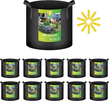 iPower 10-Pack 1 Gallon Plant Grow Bags Heavy Duty Thickened Nonwoven Aeration Fabric Container Durable Pots, Strap Handles for Garden, Black