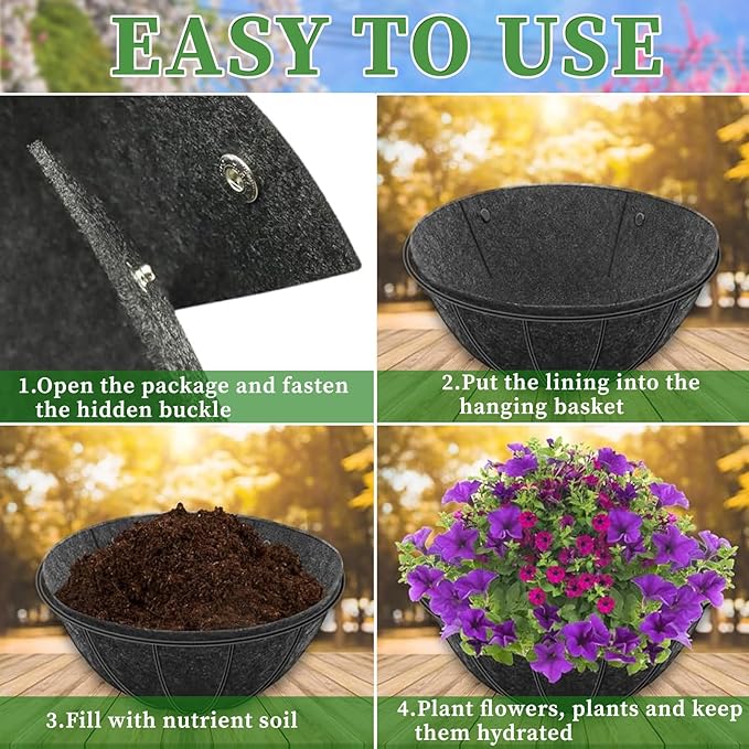 4 Pack Planter Basket Liners, Trough Window Box Liners, Round Fabric Planter Liner, Durable Felt Hanging Basket Liners Replacement Coco Liner for Planters Garden Flower Vegetables (Round 14in)