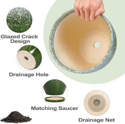 10 Inch Plant Pot - Ceramic Planters for Indoor Plants Outdoor, Large Planter with Drainage Hole and Saucer, Decorative Round Flower Pots, Garden House Decor, Gifts for Plant Lovers, Green