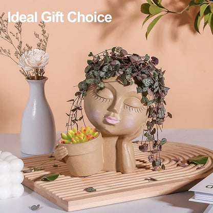 Face Planters Pots Head Planter for Indoor Outdoor Plants - Cute Plant Pots for Flower Succulent with Drainage Hole - Ideal Present Ideas(Khaki Lady)