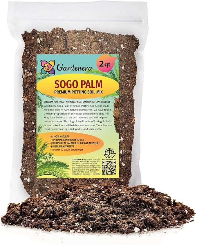 Premium SOGO Palm Plant Potting Soil by Gardenera - Infuse Your Space with Striking Form and Lively Vitality - 2 Quart