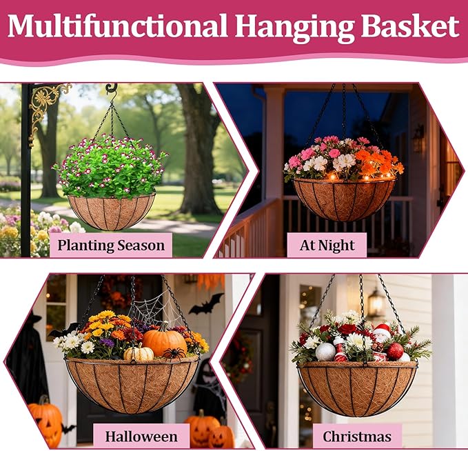 Halatool 20 Inch Large Hanging Planters for Outdoor Plants, 2 Pack Metal Outdoor Hanging Baskets with Coco Liner, Round Hanging Flower Pot for Plants Flowers Garden Decorations
