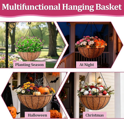 Halatool 20 Inch Large Hanging Planters for Outdoor Plants, 2 Pack Metal Outdoor Hanging Baskets with Coco Liner, Round Hanging Flower Pot for Plants Flowers Garden Decorations