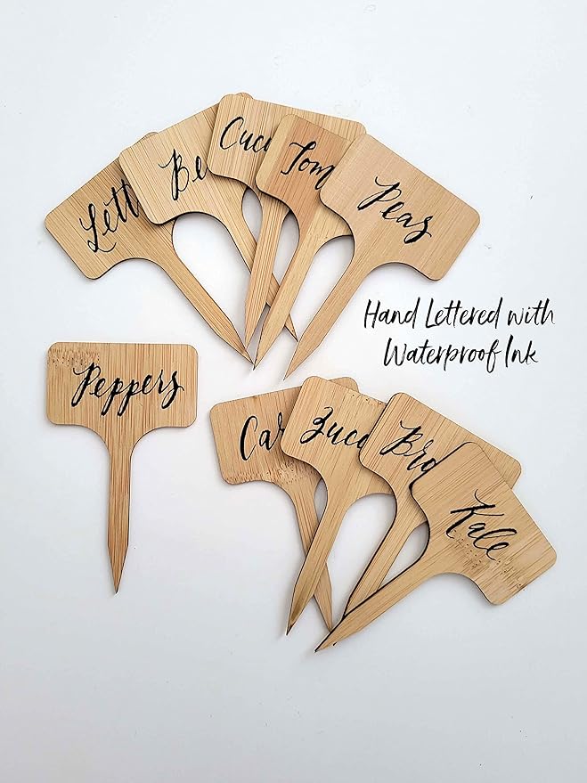10Pcs Vegetable Garden Markers Set, Hand Lettered Bamboo Plant Label Stakes, Wood Garden Tags Outdoor & Waterproof, Gardener Father's Day Gift (Vegetables)