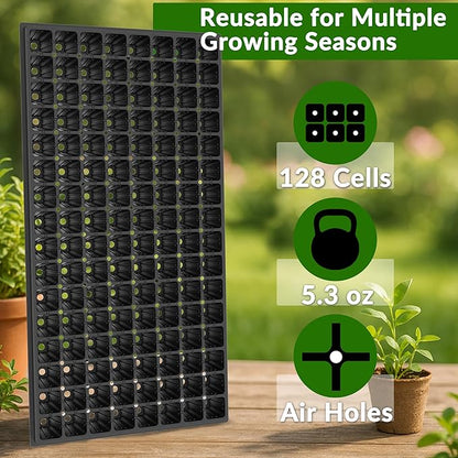 Gardzen 10 Pack 128 Cell Seed Starter Trays, 1.5" Deep Plug Tray for Seedlings, Durable Seedling Trays with Drainage Holes, Fit Standard 1020 Drip Tray
