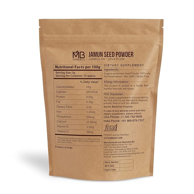 MB Herbals Jamun Seed Powder 227G (8 oz) | Eugenia jambolana | Java Plum Sd. | 75 Days Supply