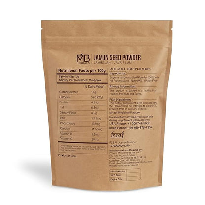 MB Herbals Jamun Seed Powder 227G (8 oz) | Eugenia jambolana | Java Plum Sd. | 75 Days Supply