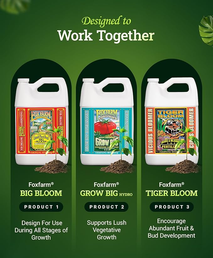 FoxFarm Hydro Liquid Trio Pack - Big Bloom, Grow Big, Tiger Bloom Fertilizers for Vigorous Plant Growth, Bud Development & Abundant Fruit - Complete Hydroponic Plant Food Set - 3 Gallon Bottles