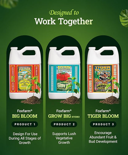 FoxFarm Hydro Liquid Trio Pack - Big Bloom, Grow Big, Tiger Bloom Fertilizers for Vigorous Plant Growth, Bud Development & Abundant Fruit - Complete Hydroponic Plant Food Set - 3 Gallon Bottles