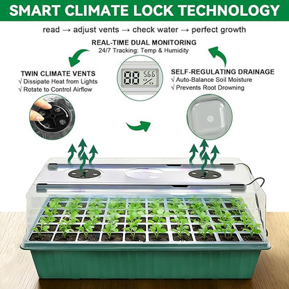 Self-Watering Seed Starter Tray with Grow Light,60-Cell Seed Starter Kit with Humidity Dome,Seed Germination Kit,User-Friendly Plant Germination Trays for Indoor Plants