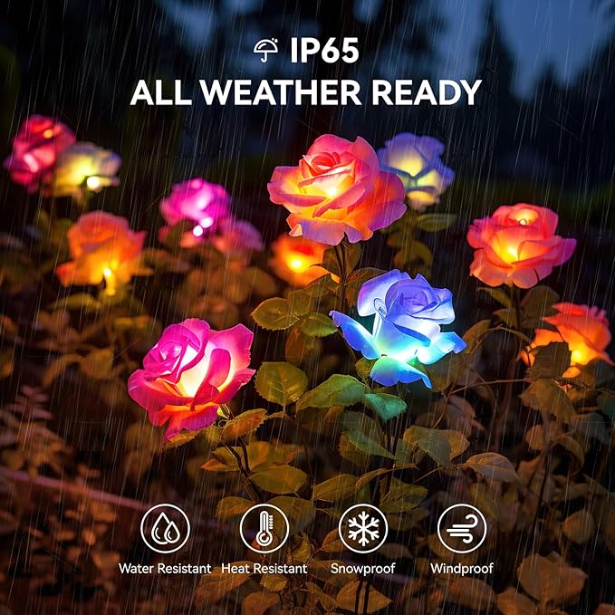 Solar Garden Lights Outdoor, 4 Pack Solar Light Outdoor with 20 Rose Flowers, Waterproof 7 Color Changing Solar Powered Flowers Lights for Outside Patio Yard Pathway