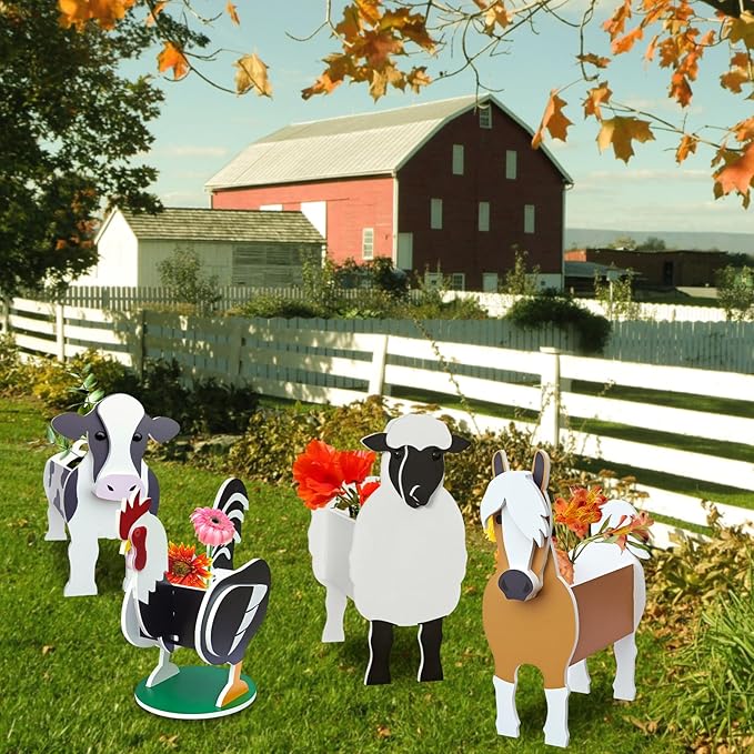 Pet Flower Pots 4 Pcs Farm Animals Series Rooster/Horse/Cow/Sheep Cute Animal Shape Flower Planters, Plant Pots for Indoor/Outdoor Garden Decor, Unique Gifts/Souvenirs for Pet Lovers