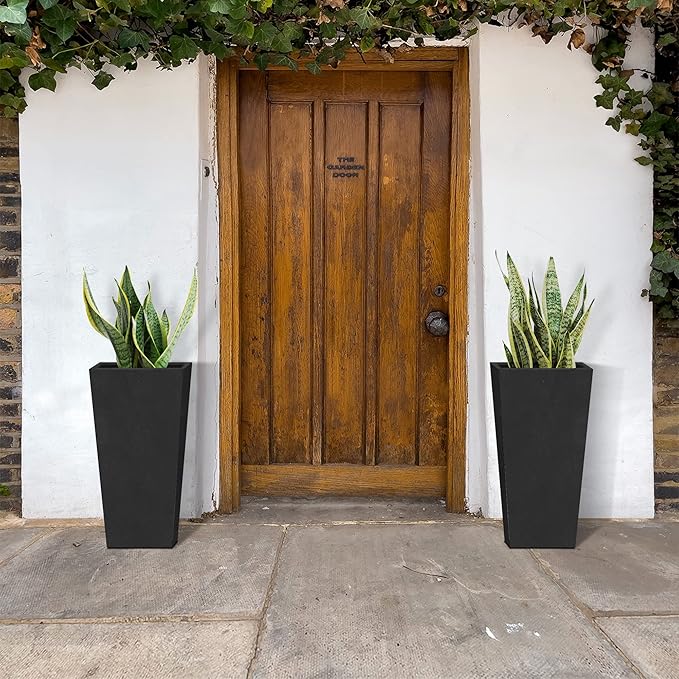 Kante 24.4" H Concrete Tall Tapered Planter Set of 2, Large Outdoor Indoor Garden Plant Pot with Drainage Hole and Rubber Plug Home and Patio, Burnished Black Finish