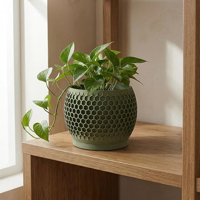 Plant Pots, Modern 3D Printed Honeycomb Planters for Indoor Plants, 4.7 Inch Military Green Decorative Flower Pot for Office Desktop, Bookshelf & Home Decor, Lightweight & Durable.