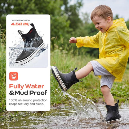 HISEA Kids Easy-On Rain Boots for Boys and Girls, Warm Waterproof Insulated Deck Boots Non-Slip Rubber Ankle Boots