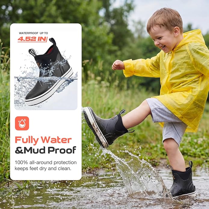 HISEA Kids Easy-On Rain Boots for Boys and Girls, Warm Waterproof Insulated Deck Boots Non-Slip Rubber Ankle Boots