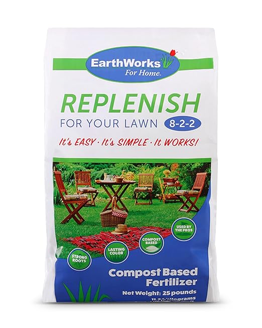 EarthWorks EW4H Replenish Lawn Fertilizer, Organic Compost Grass Food, Deep Root Turf Booster, Year-Round Green, Soil-Building Formula for All Seasons, 25 lbs