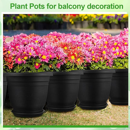 12 Pack 12' Plastic Plant Pots Round Planter Pots with Saucer Tray Seedling Pot Hole Seed Resin Plant Pot Starting Nursery Flower Container with Pallet for Garden Outdoor Indoor(Black)