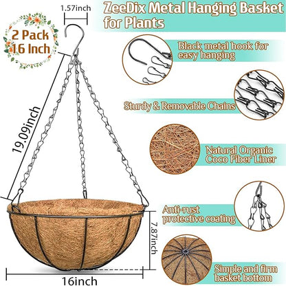 ZeeDix 2 Pack 16 Inch Large Hanging Baskets for Plants Outdoor with Coconut Liners Replacement, Hanging planters Baskets with Natural Coco Liner for Outdoor Indoor Planters Flowers Vegetables