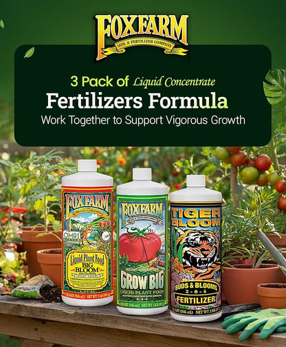 FoxFarm Soil Liquid Trio Pack - Big Bloom, Grow Big, Tiger Bloom Fertilizers for Vigorous Plant Growth, Bud Development & Abundant Fruit - Complete Liquid Plant Food Set - 3 Quart Bottles