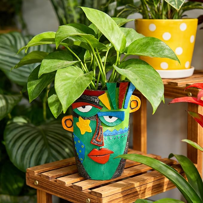 Unique Flower Pots - Abstract Picasso Face Plant Pots, Funky Planters with Drainage for Indoor Plants, Cool Head Planter for Outdoor Garden & Home Decor