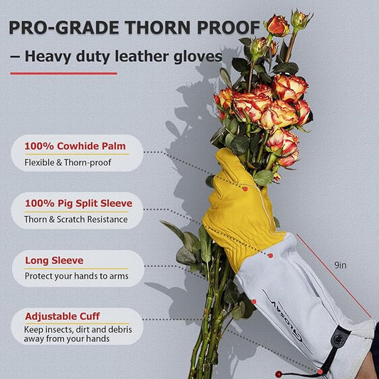 Gardening Gloves Thorn Proof for Rose Pruning & Cactus Trimming, Long Leather Garden Gloves for Women & Men (Medium)