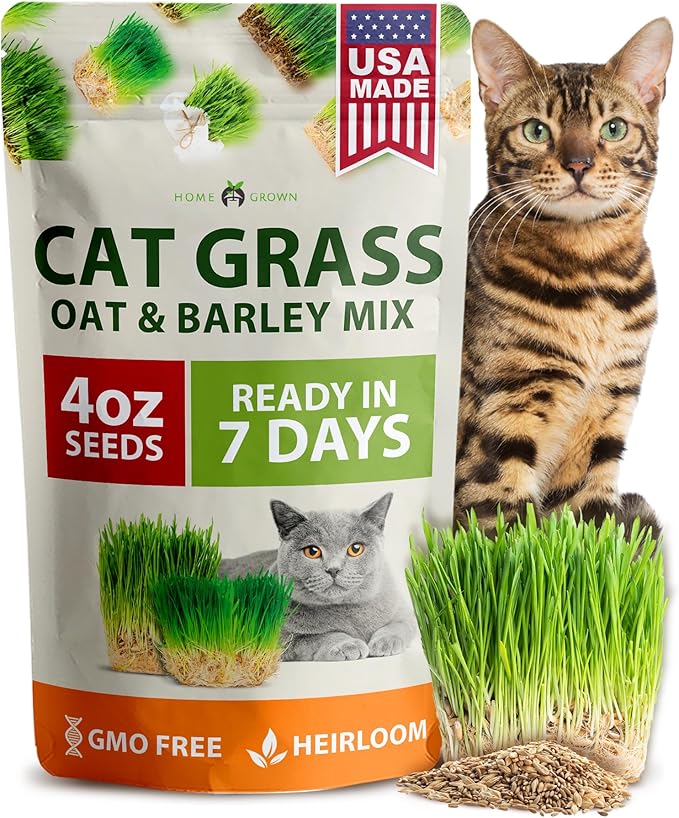 HOME GROWN Cat Grass Seeds 4 oz Oat & Barley Mix – Indoor Cat Grass Refill Kit – Digestive Green Grass for Pets – Heirloom Seeds for Cats’Health & Wellness
