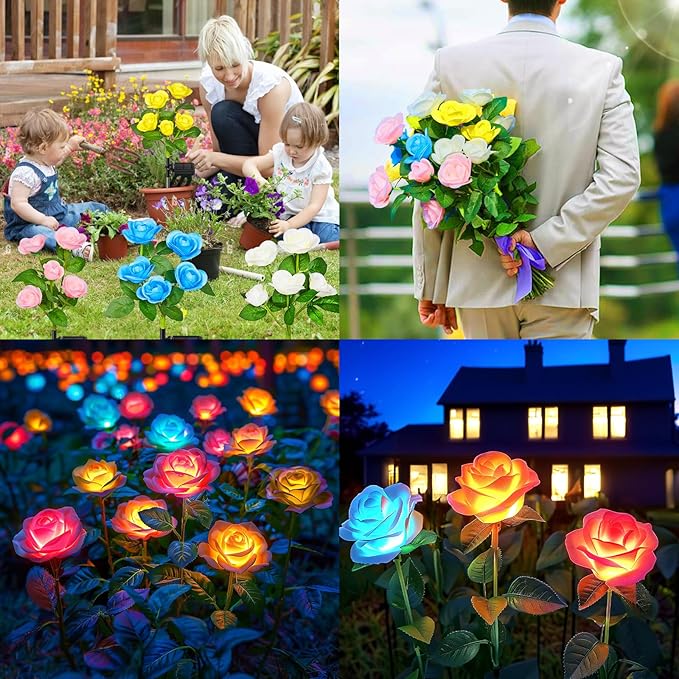 Solar Garden Lights Outdoor, 4 Pack Solar Light Outdoor with 20 Rose Flowers, Waterproof 7 Color Changing Solar Powered Flowers Lights for Outside Patio Yard Pathway
