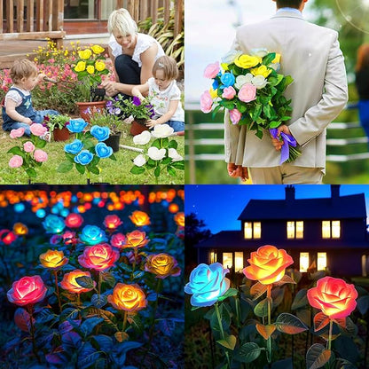 Solar Garden Lights Outdoor, 4 Pack Solar Light Outdoor with 20 Rose Flowers, Waterproof 7 Color Changing Solar Powered Flowers Lights for Outside Patio Yard Pathway