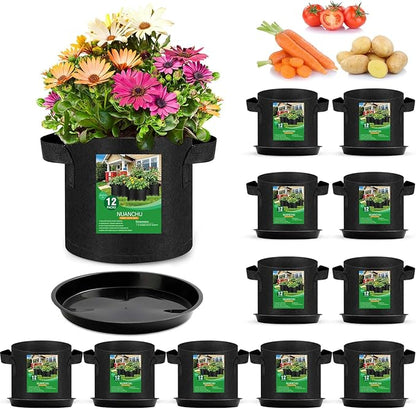 12 Sets 2 Gallon Grow Bags with Plant Saucers, Durable Fabric Plant Pots with Handles, Aeration Drainage Planter Bags for Planter, Reusable Garden Bags Drip Trays Set for Indoor Outdoor