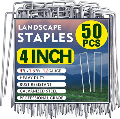 50 Pack Landscape Staples 4 Inch Garden Stakes Galvanized Garden Staples Pins Anti-Rust Ground Stakes for Weed Barrier, Irrigation Tubing, Landscaping Fabric, Yard Lawn