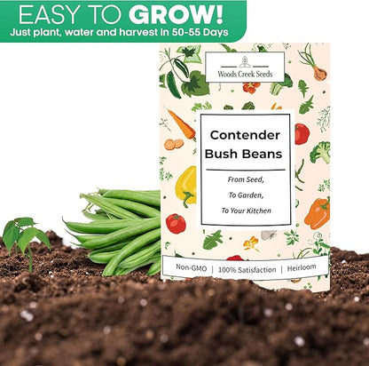 Contender Bush Bean Seeds – Heirloom Non-GMO Green Snap Bean Seeds for Planting, Early Stringless Bush Beans for Vegetable Gardens | Woods Creek Seeds