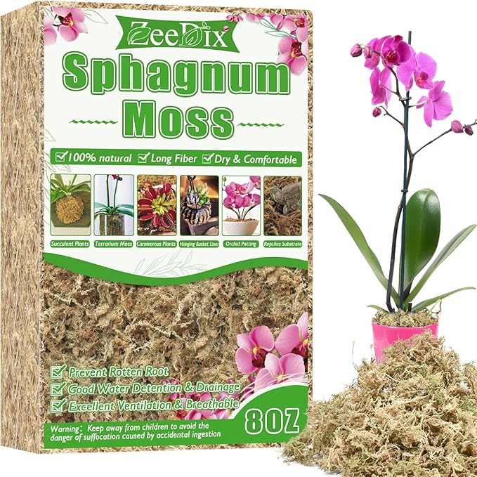 ZeeDix 8 oz Sphagnum Moss for Indoor Plants, Natural Orchid Potting Mix for Repotting, Dried Long Fiber Sphagnum Peat Moss for Carnivorous Plants Succulents Reptile Habitats (Expands to 12 qt)