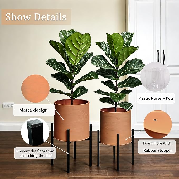 ARNIS Modern Plant Pots, Set of 2 Large Planters with Stand, Decorative Planters, Metal Pots with Drainage Holes for Living Room, Office, Garden or Balcony, 8.25 &10.5 Inch, Terracotta