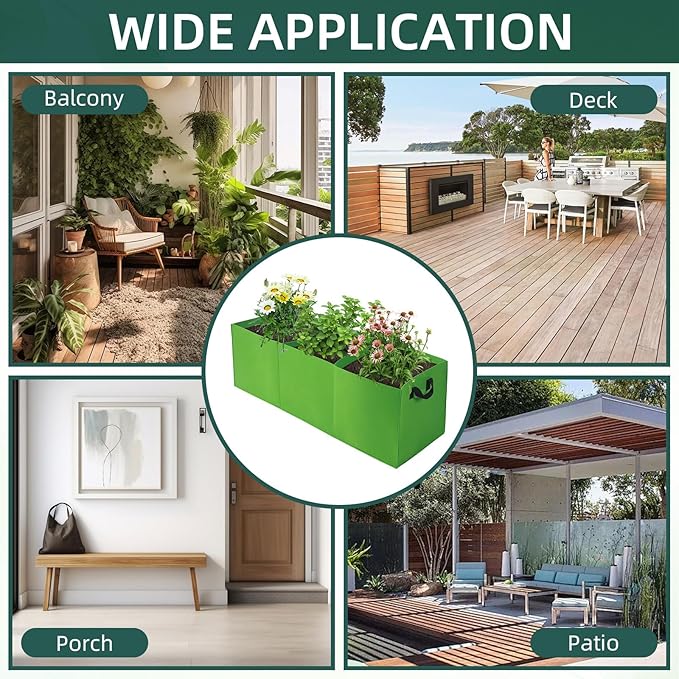2 Pack Plant Grow Bags, 3 Divided Grids Fabric Raised Planting Bed Rectangle Raised Vegetable Planter Garden Planting Grow Pot Outdoor Planter Box for Vegetables, Flowers, Plants (Green, 120x40x40cm)