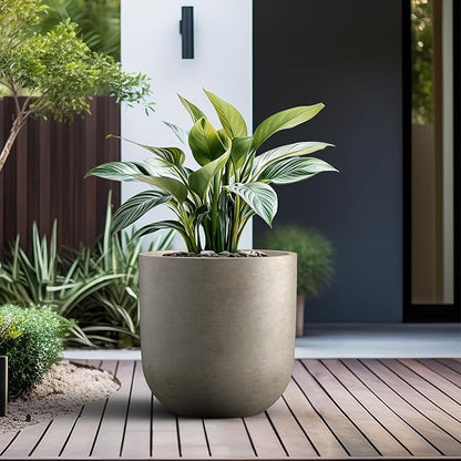 Kante 16.5" Round Concrete Planter, Large Cylinder Plant Pot with Curved Bottom and Drainage Hole, for Indoor and Outdoor Use – Garden or Patio, Weathered Concrete Finish with Painted Interior