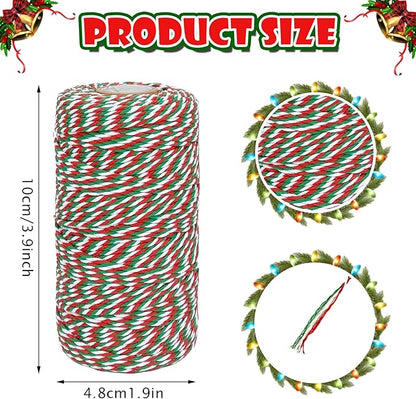 2 x Christmas Cotton Twine, 2 mm 100 m Green and Red and White Cotton Twine for Christmas Gift Packaging, Baking, Cooking, DIY and Decoration