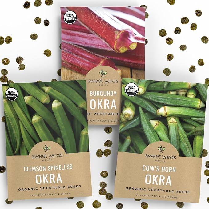 Organic Okra Lovers Seeds Variety Pack - 3 Individual Packs - 2026 Season - Cowhorn, Burgundy and Clemson Spineless! for Indoor & Outdoor Planting (Non-GMO, Certified Organic)