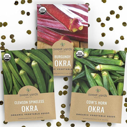 Organic Okra Lovers Seeds Variety Pack - 3 Individual Packs - 2026 Season - Cowhorn, Burgundy and Clemson Spineless! for Indoor & Outdoor Planting (Non-GMO, Certified Organic)