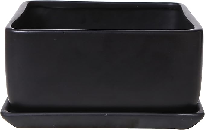 MyGift Modern Black Ceramic Square Indoor Small Planter, Flower Succulent Plant Pot with Drainage Hole and Removable Drip Tray